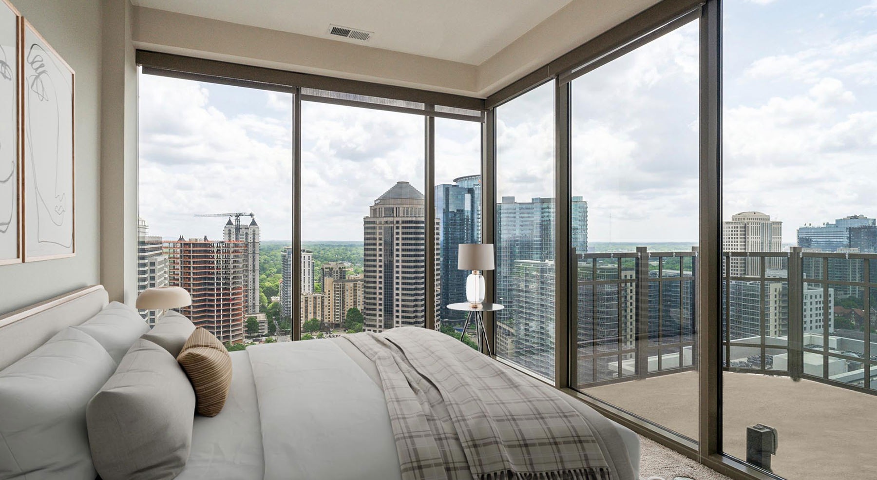 glass room with large bed