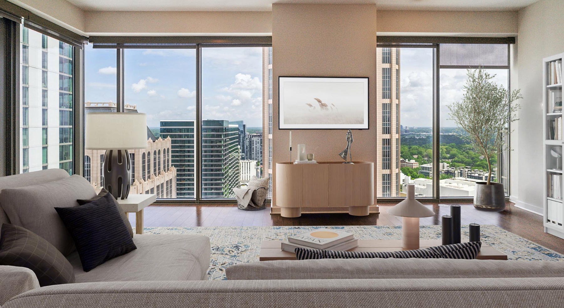 living room with couch and glass walls