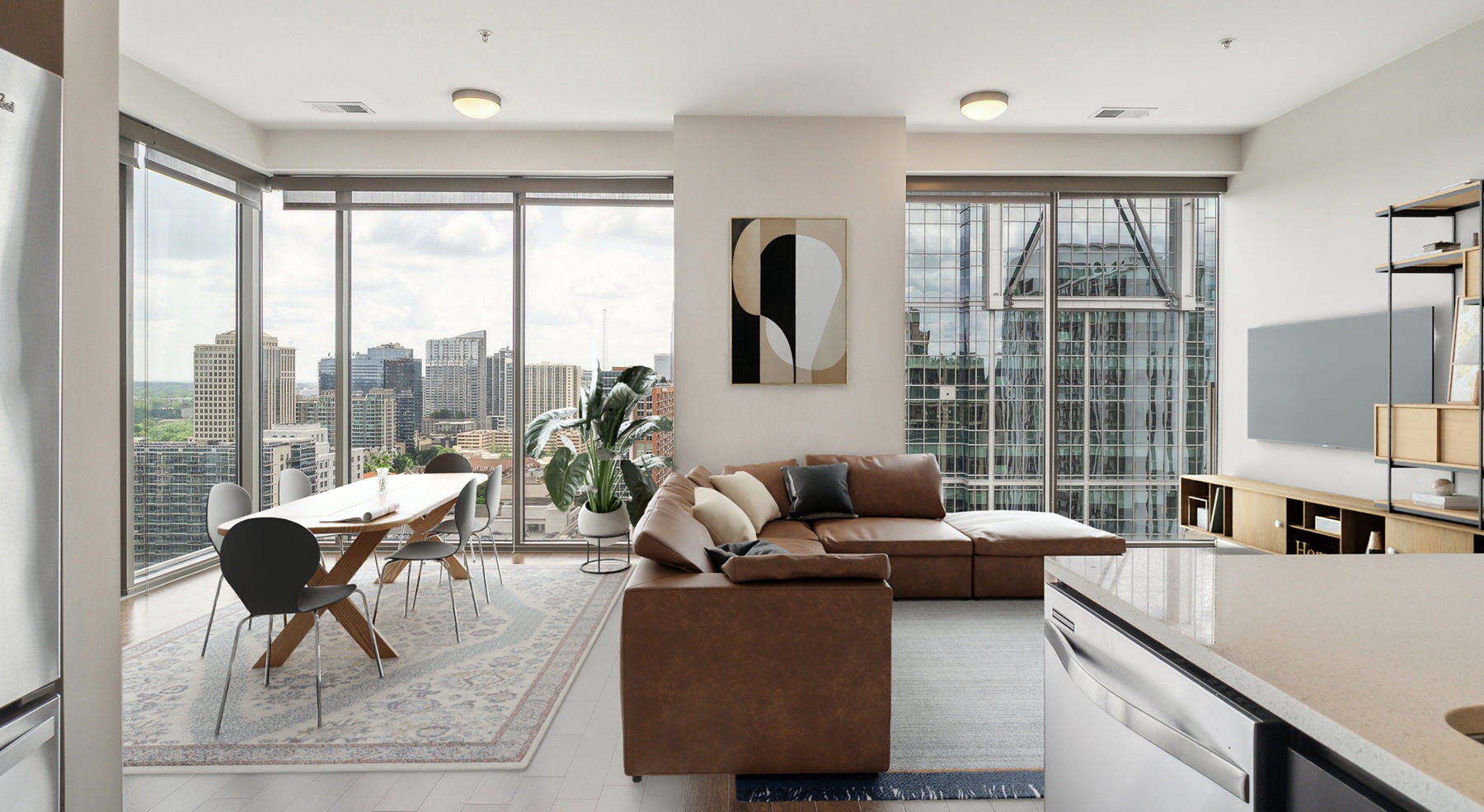 living room with couch and glass walls