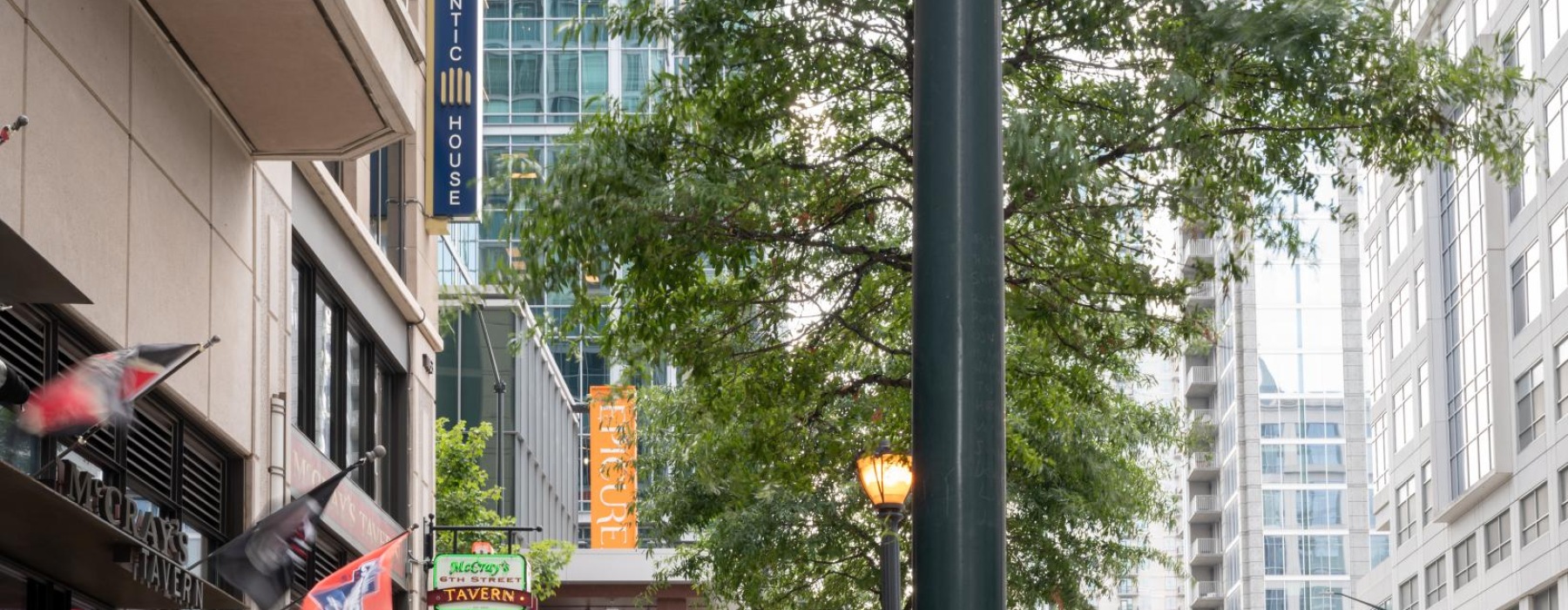 a street with buildings and trees