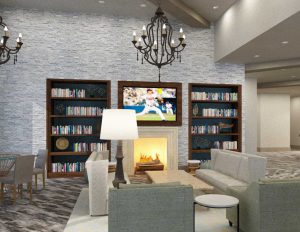 Living Room with Couches, Wall Book Shelves and Flat Screen TV for Entertainment