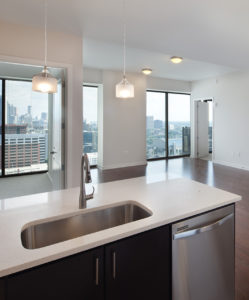 Model kitchen with city view
