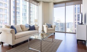 Elegant Living Space with View of the City Skyline in our High Rise Apartments in Midtown Atlanta